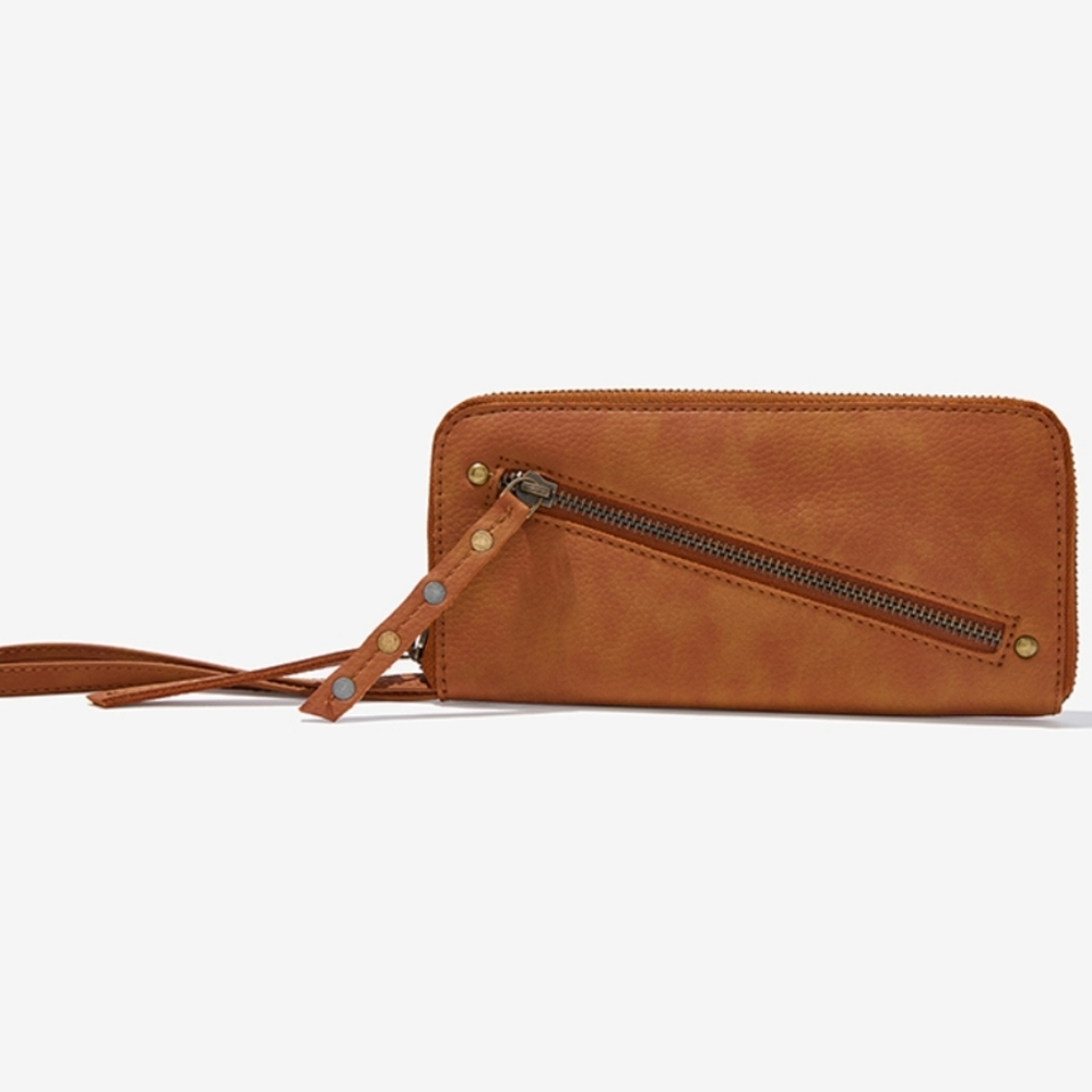 Free People Light Brown Distressed Vegan Leather Zipper Wristlet Wallet - Picture 3 of 6